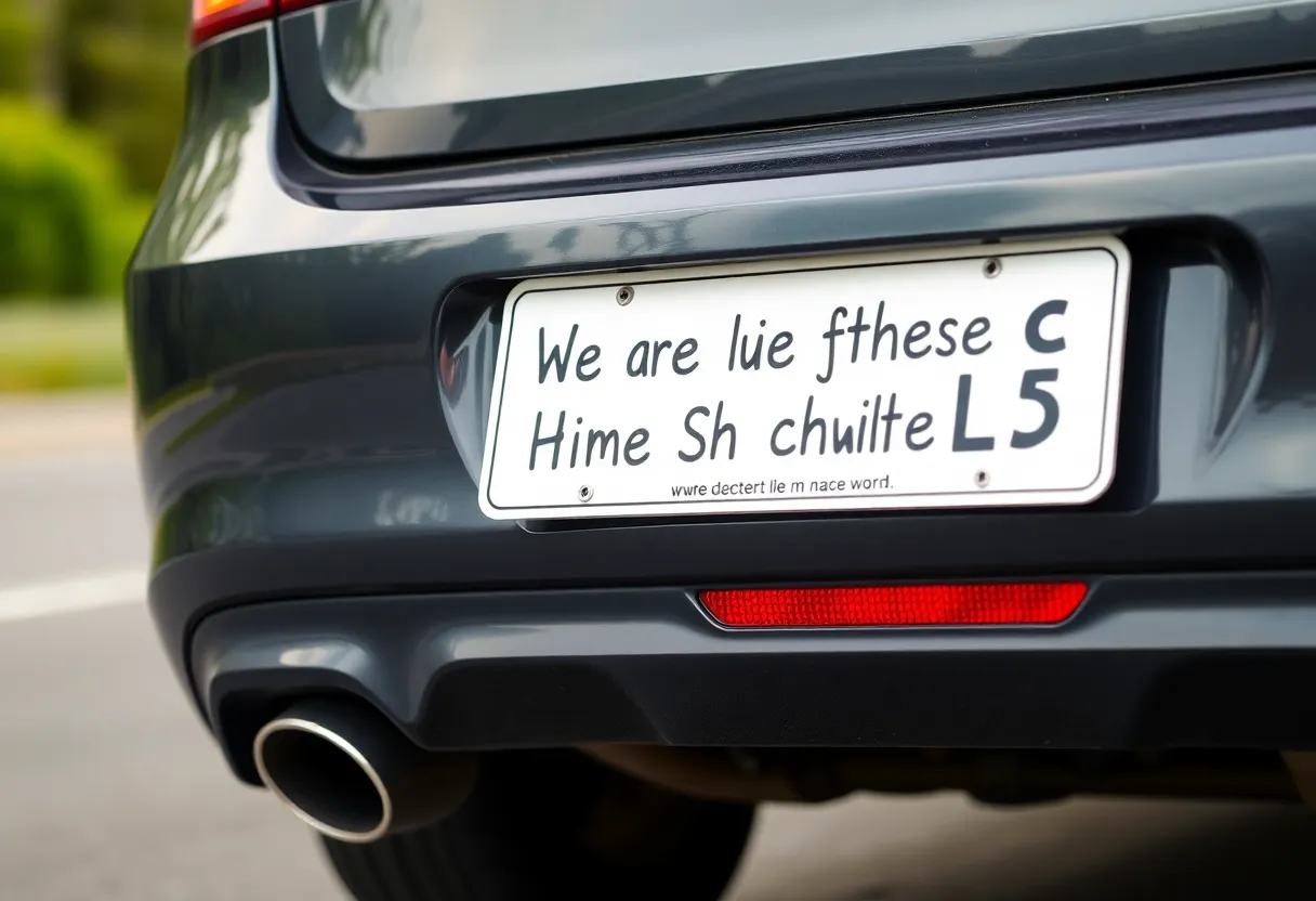 A creatively designed vanity license plate showcasing personal expression.