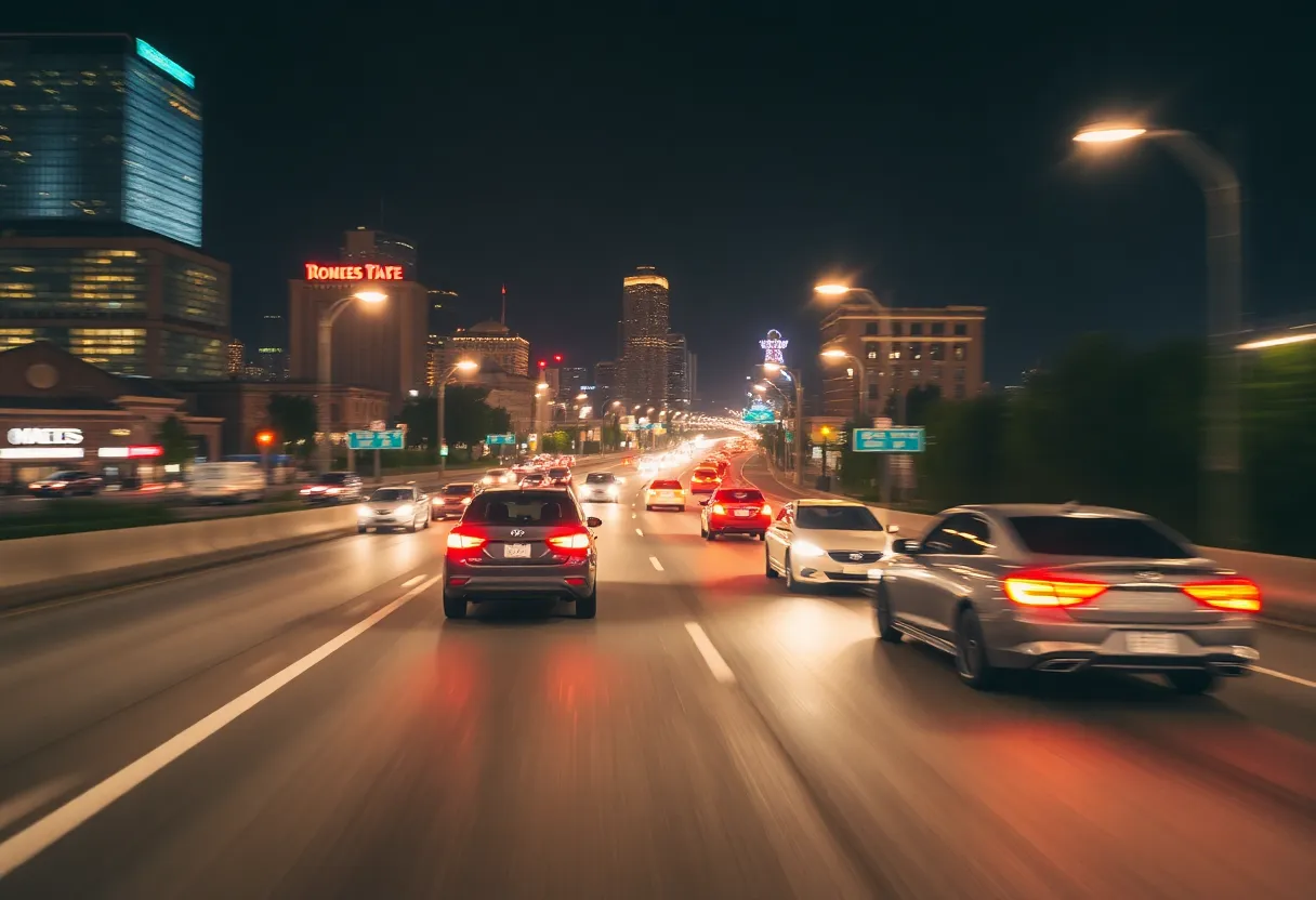 A night view of cars racing on a Nashville highway.