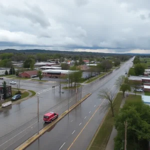 Aerial view of flooding in streets of Tennessee during severe storms.
