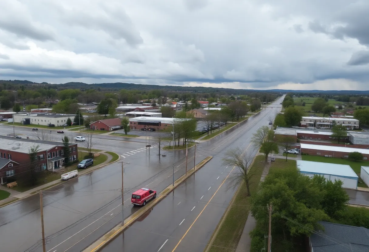 Aerial view of flooding in streets of Tennessee during severe storms.