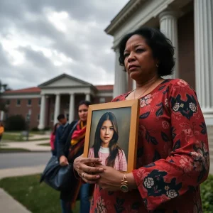 Mother holding photo of daughter outside courthouse