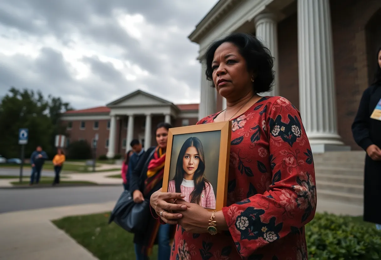 Mother holding photo of daughter outside courthouse