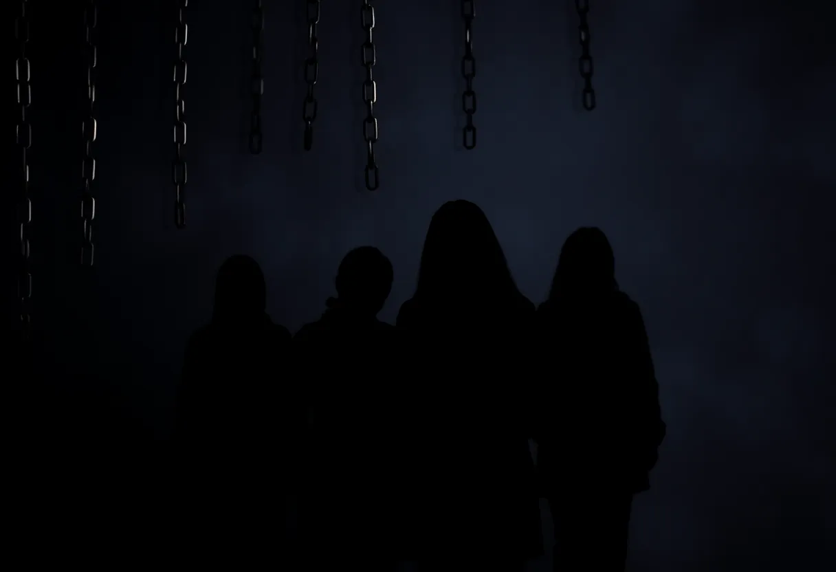 A symbolic representation of human trafficking with silhouettes of women and chains.