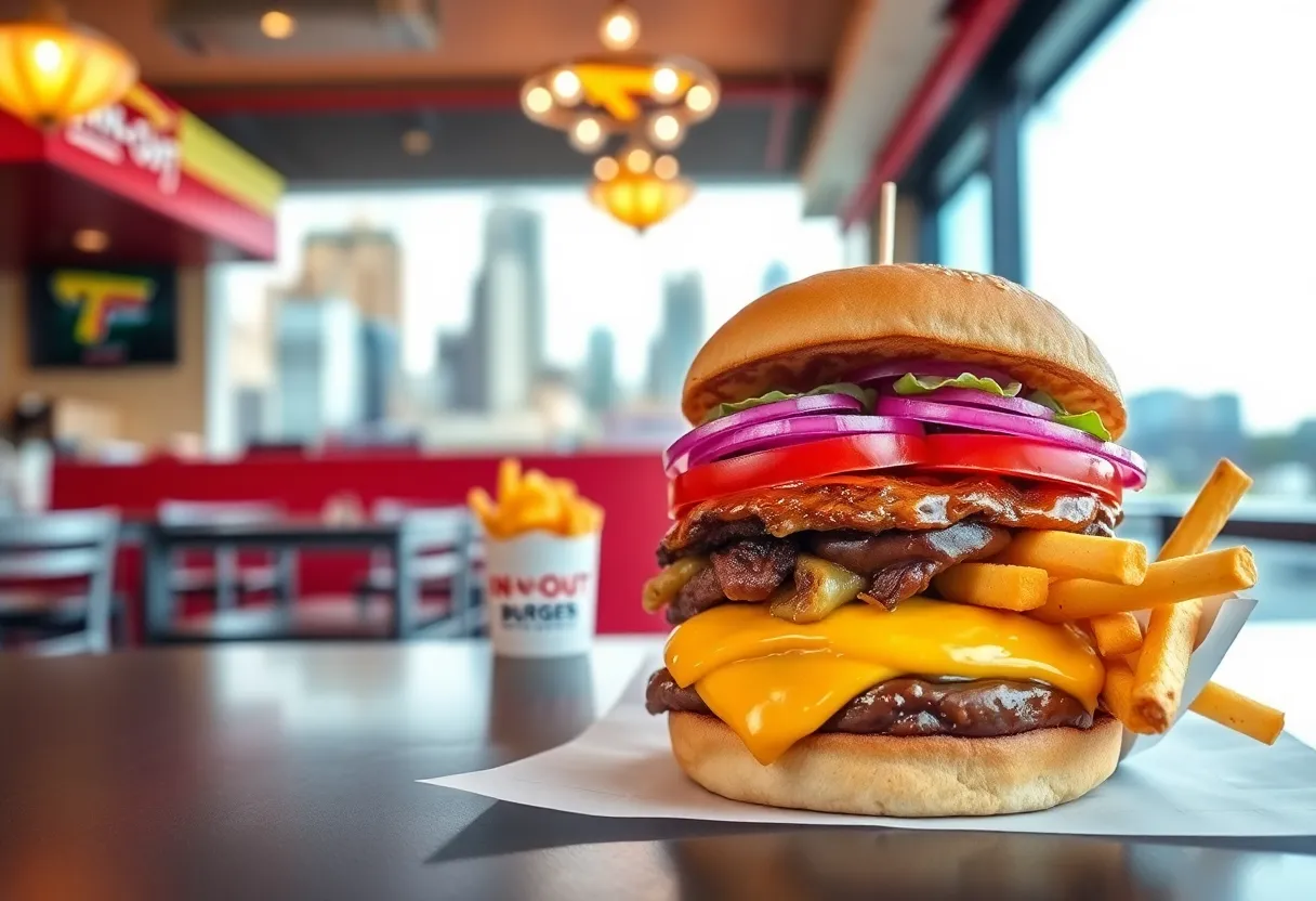 An In-N-Out Burger with fries and the Nashville skyline