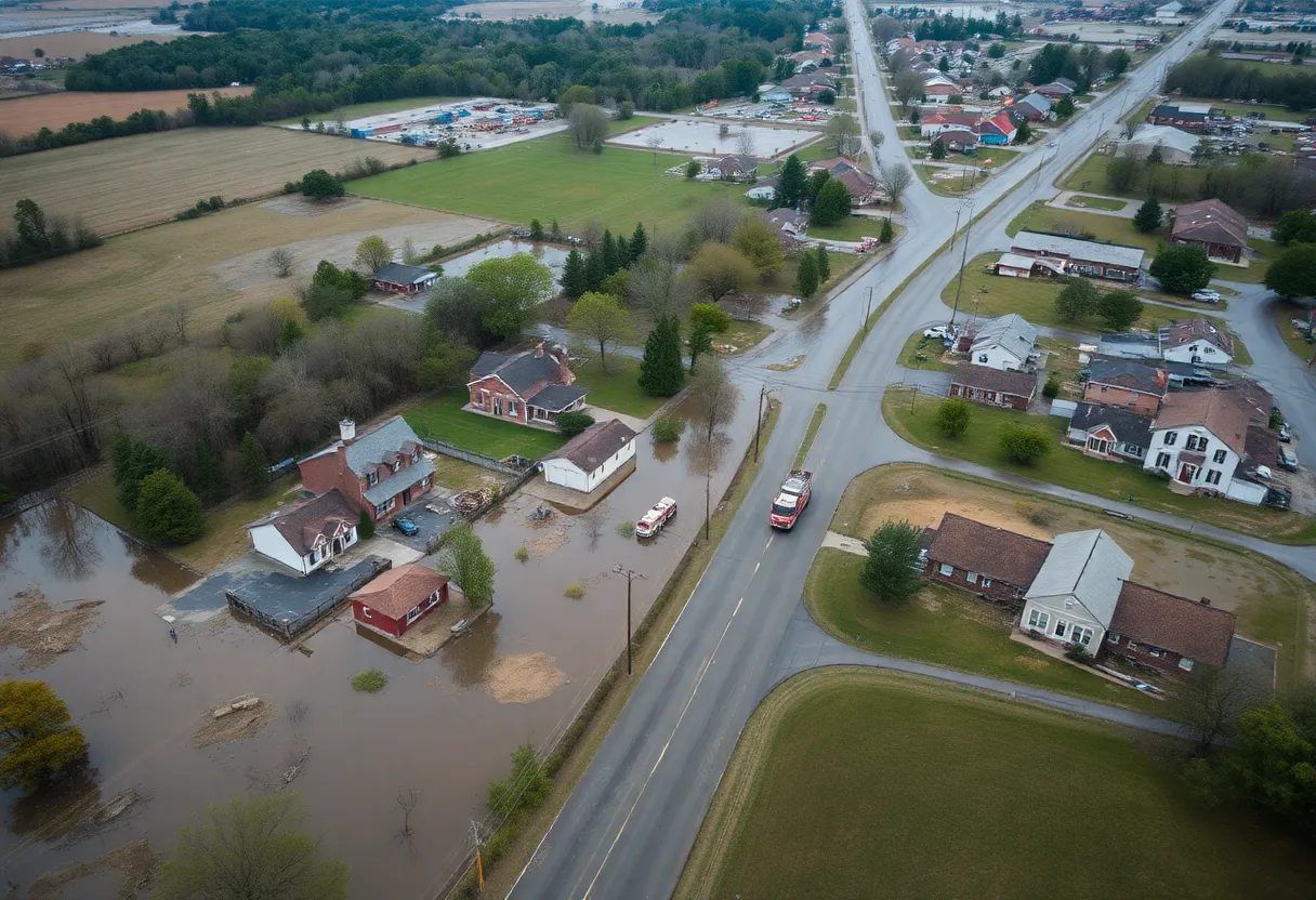 Aerial view of flooding in Kentucky with emergency response teams assisting residents.