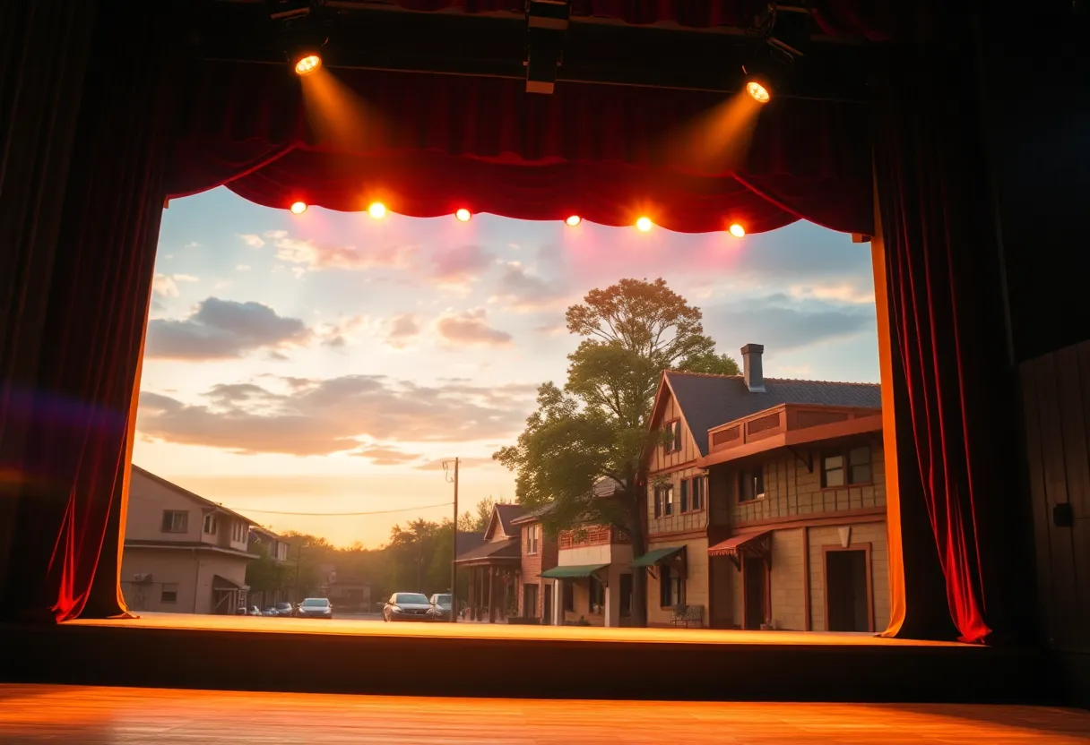 The stage of the Lost and Found play set against a background of a historic neighborhood.