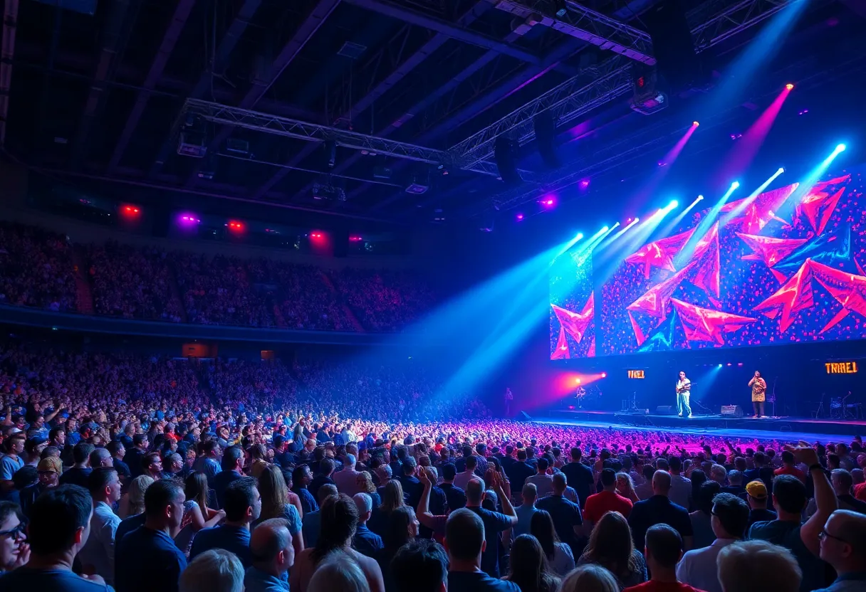 The Lumineers performing live at Bridgestone Arena in Nashville.