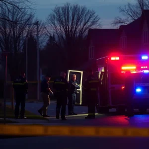 Emergency responders at a police precinct after machete attack in Madison