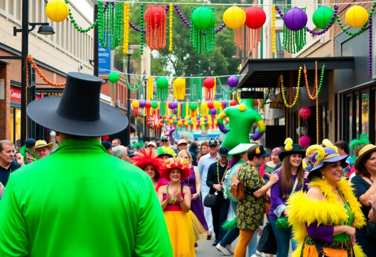 Crowd celebrating Mardi Gras in Nashville with colorful beads and decorations