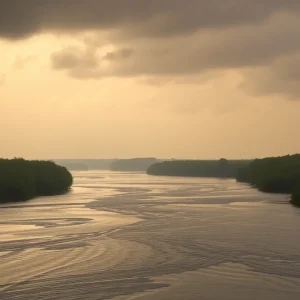 Middle Tennessee landscape during heavy rainfall with high river levels