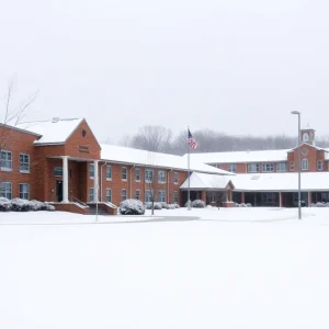 Snow-covered school building in Middle Tennessee