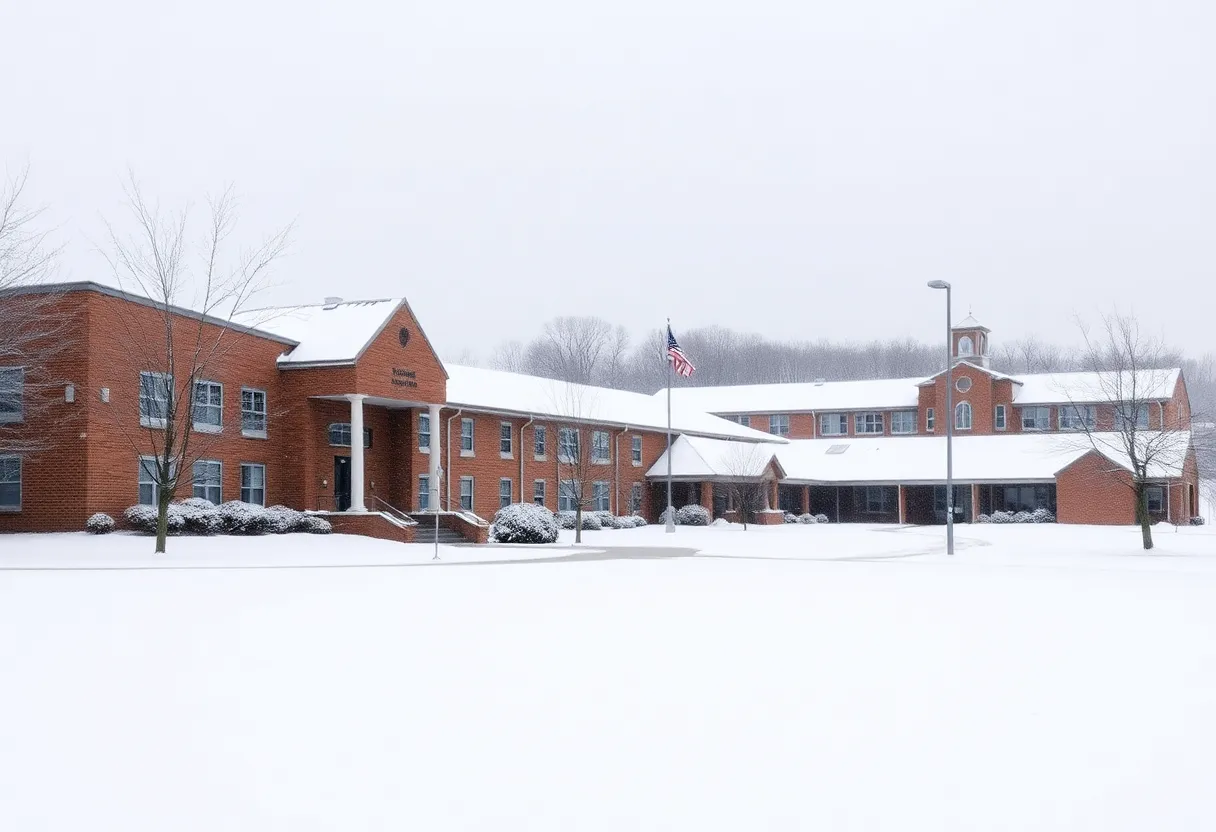 Snow-covered school building in Middle Tennessee