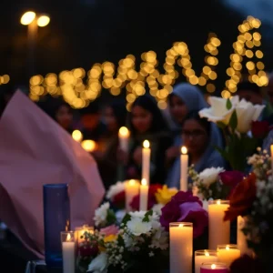 A memorial scene with flowers and candles in remembrance of victims of violence