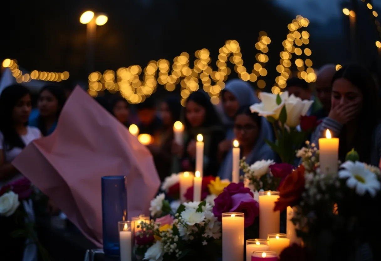 A memorial scene with flowers and candles in remembrance of victims of violence