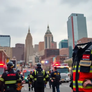 Nashville skyline with first responders in action