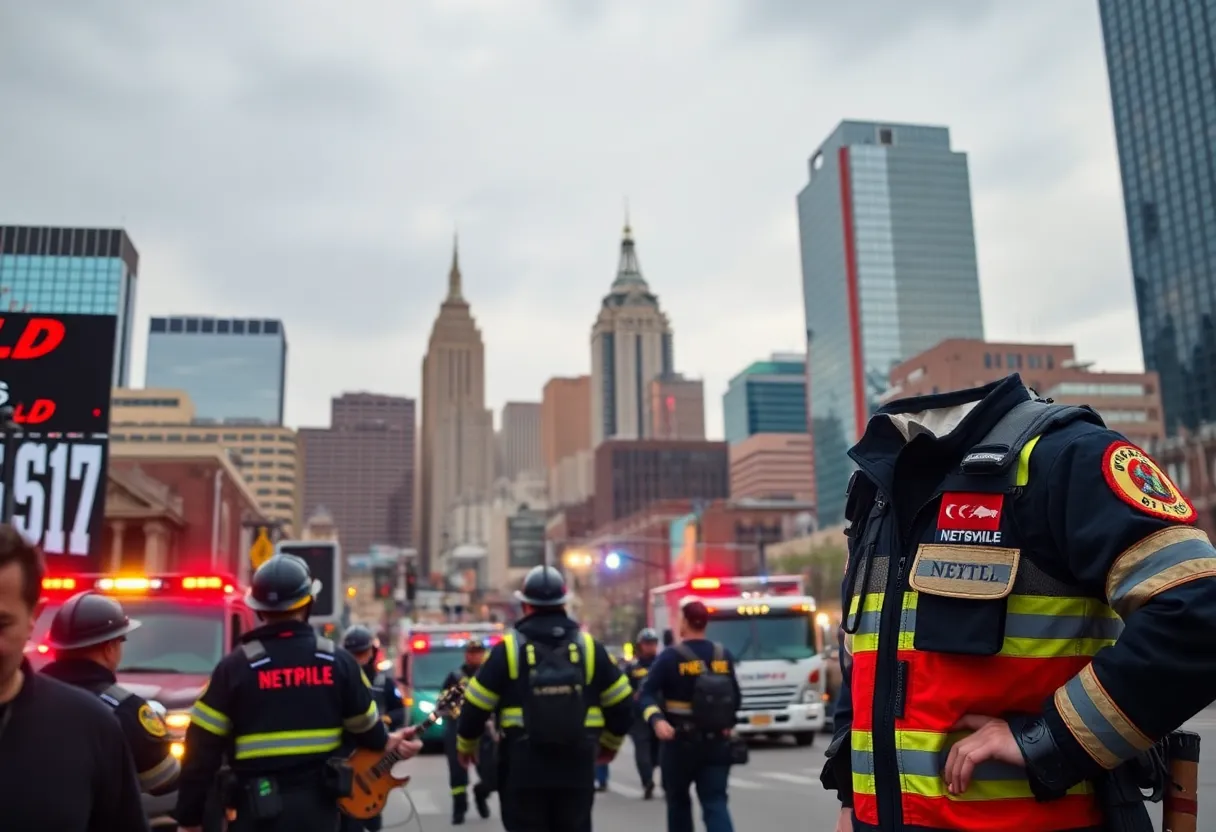 Nashville skyline with first responders in action