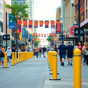 Retractable bollards installed on Nashville's Broadway to enhance pedestrian safety.