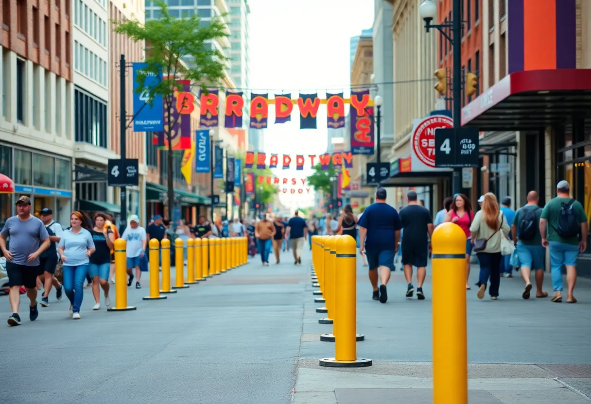 Retractable bollards installed on Nashville's Broadway to enhance pedestrian safety.
