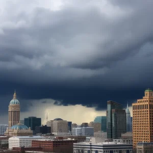 Storm clouds over Nashville city skyline