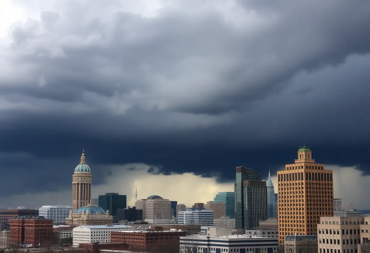 Storm clouds over Nashville city skyline