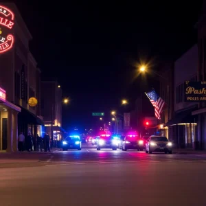 Scene of a Nashville street with police lights after an incident