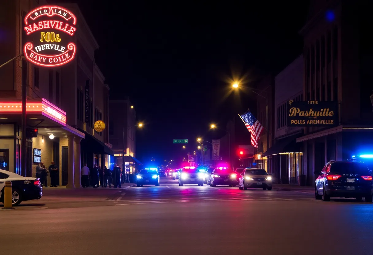 Scene of a Nashville street with police lights after an incident