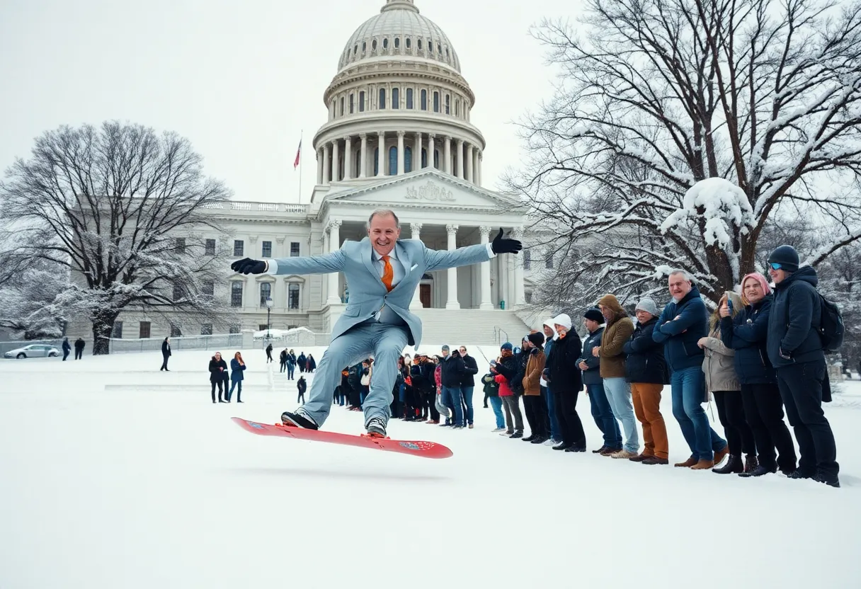 Lawyer snowboarding at the Nashville Capitol in a silver suit