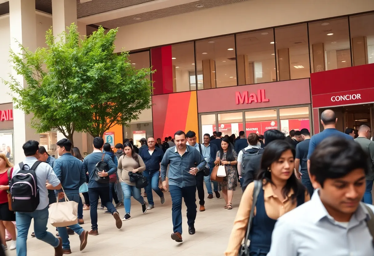 Crowd of shoppers fleeing Opry Mills Mall during a panic incident.