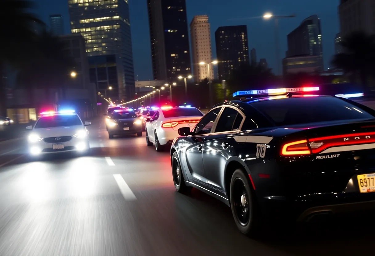 Police cars pursuing a suspect through the streets of Nashville at night.