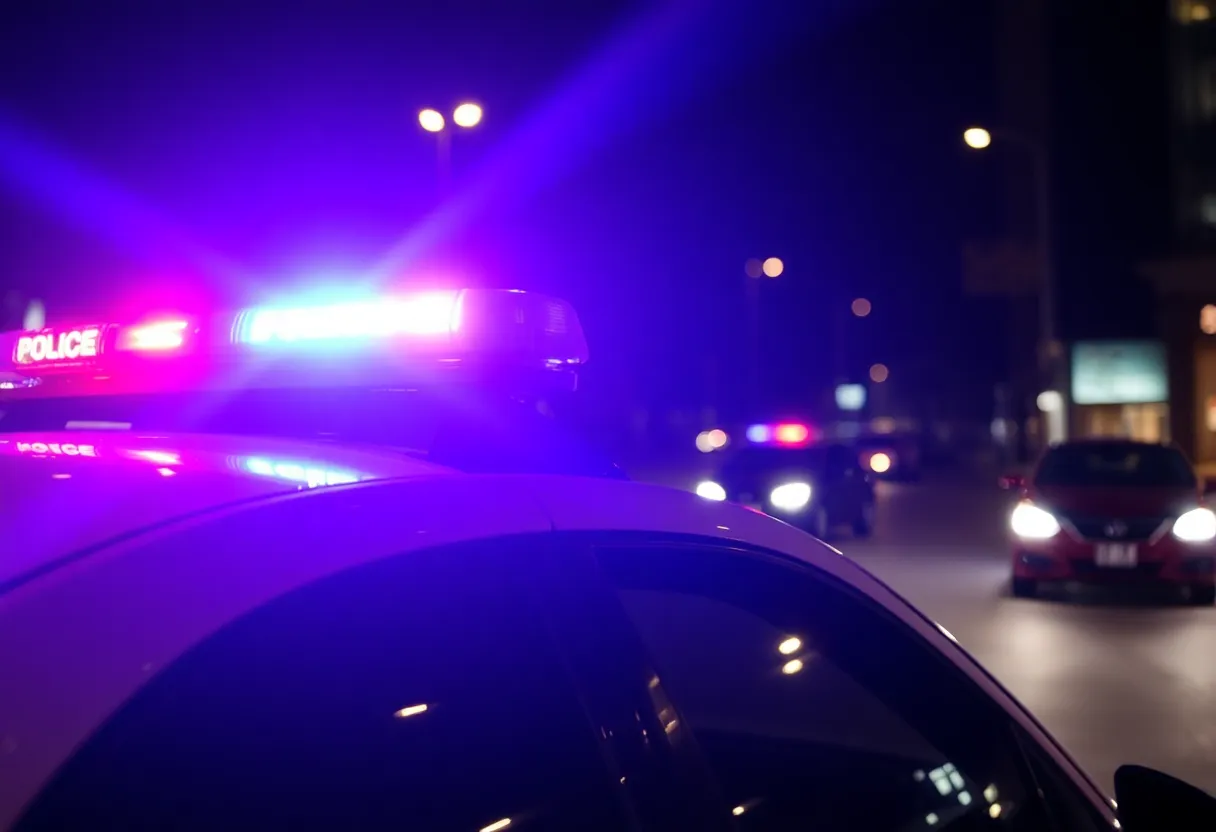 Police car with flashing lights parked on the street at night