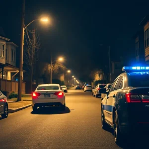 Nashville police officer patrolling residential area at night.