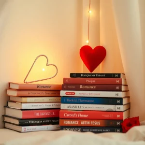 A cozy reading nook with romance novels.