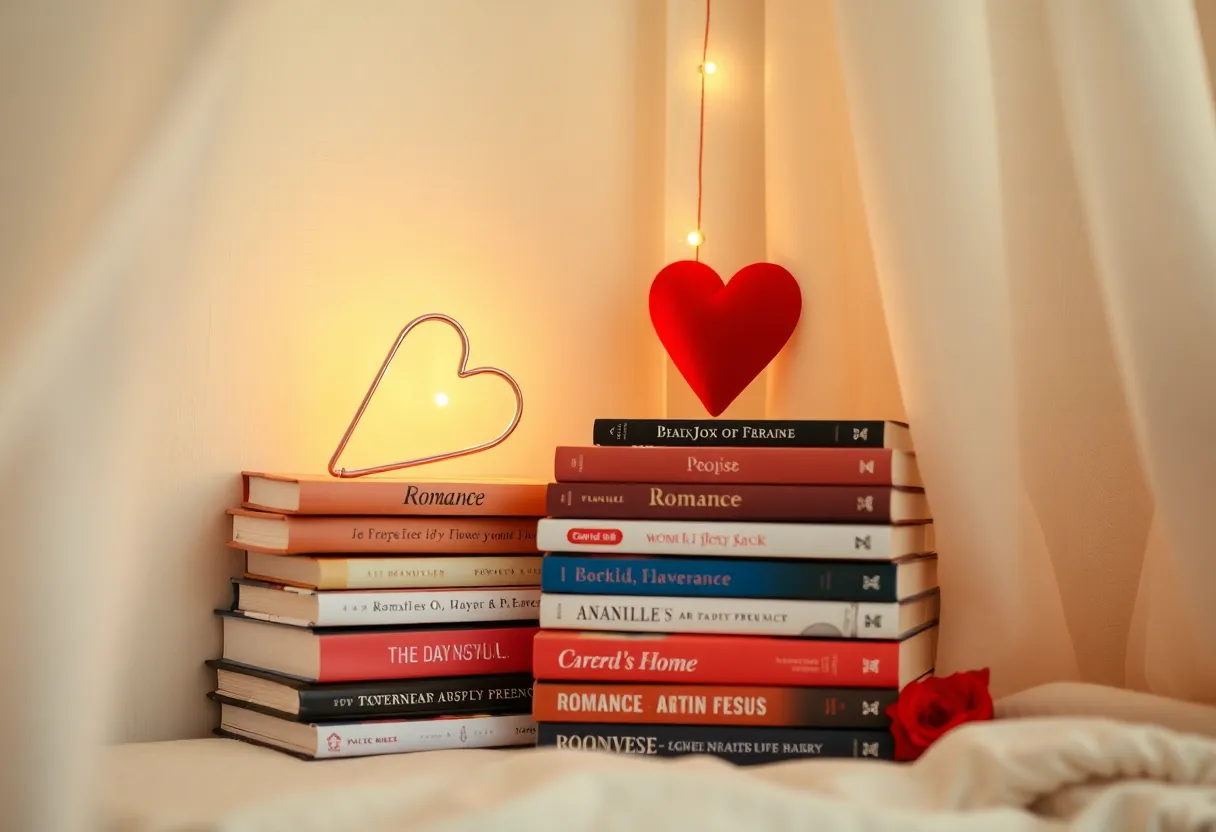 A cozy reading nook with romance novels.