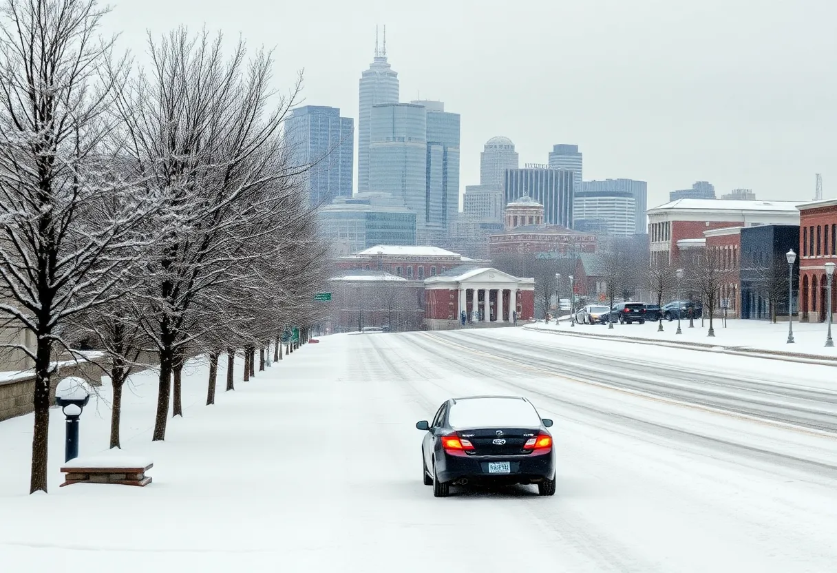 Snow covering Nashville streets and skyline
