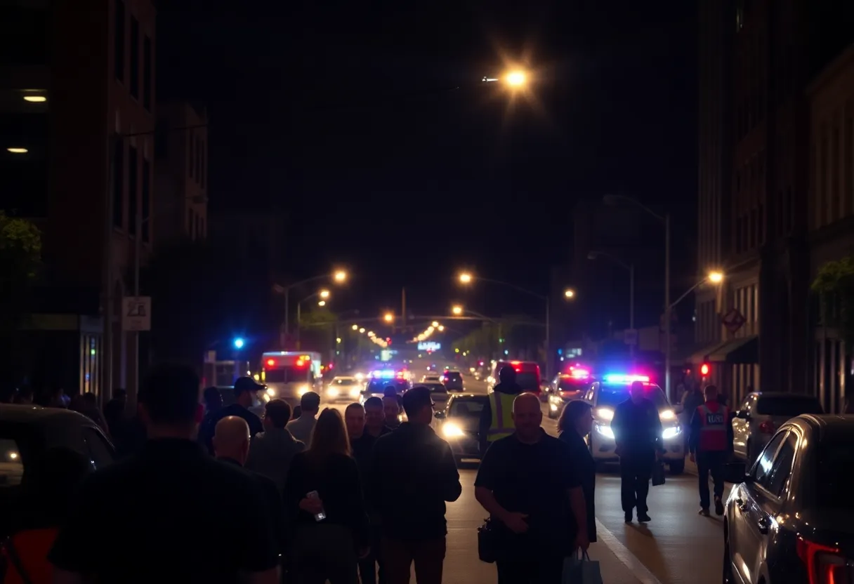 Police lights on a Nashville street with community members gathered