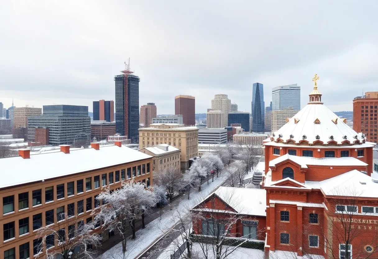 Nashville city skyline under a blanket of snow in winter.