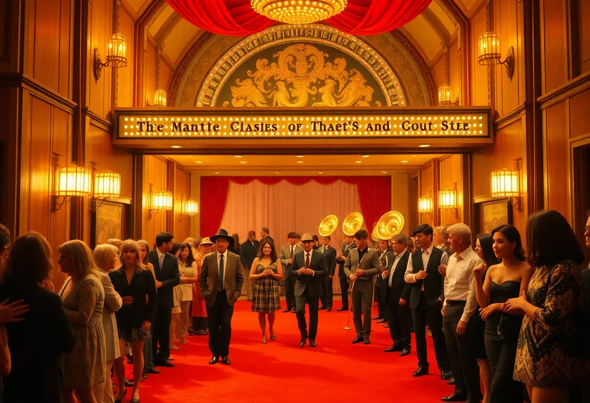 A vibrant 1970s movie premiere atmosphere in Nashville with a walking carpet and a marching band.