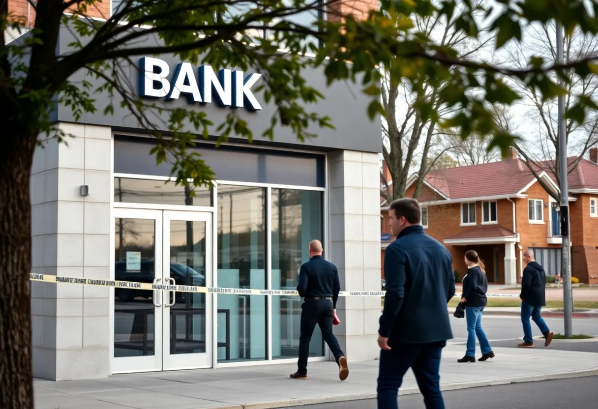 Police tape outside a bank in Northlake Village after a robbery