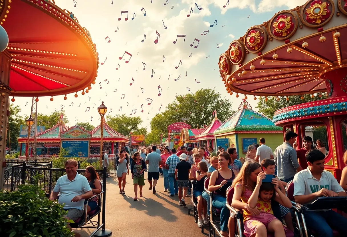 Families enjoying rides at the nostalgic Opryland USA amusement park.