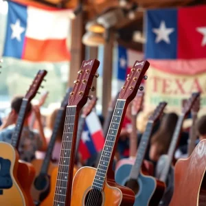 Country music event celebrating Texas heritage with guitars.