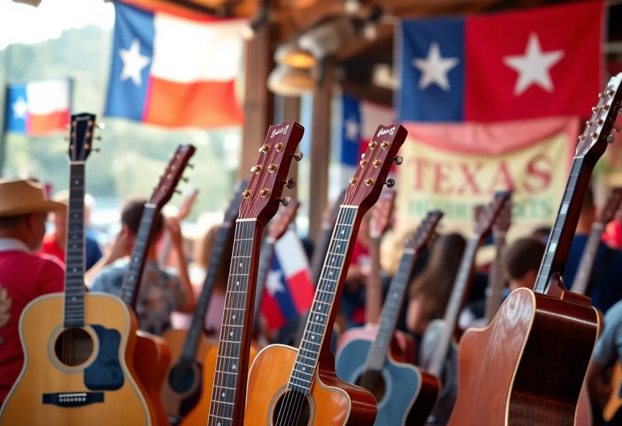 Country music event celebrating Texas heritage with guitars.