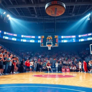 Vanderbilt women's basketball team celebrates on the court.