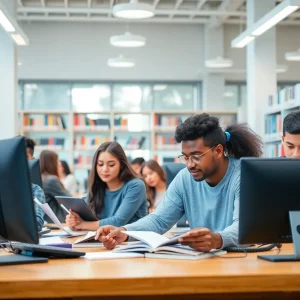 Students in a library studying and collaborating in a diverse environment.