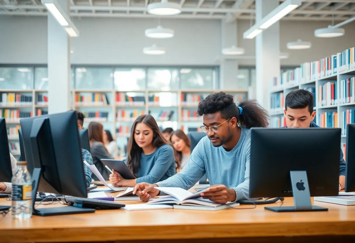 Students in a library studying and collaborating in a diverse environment.