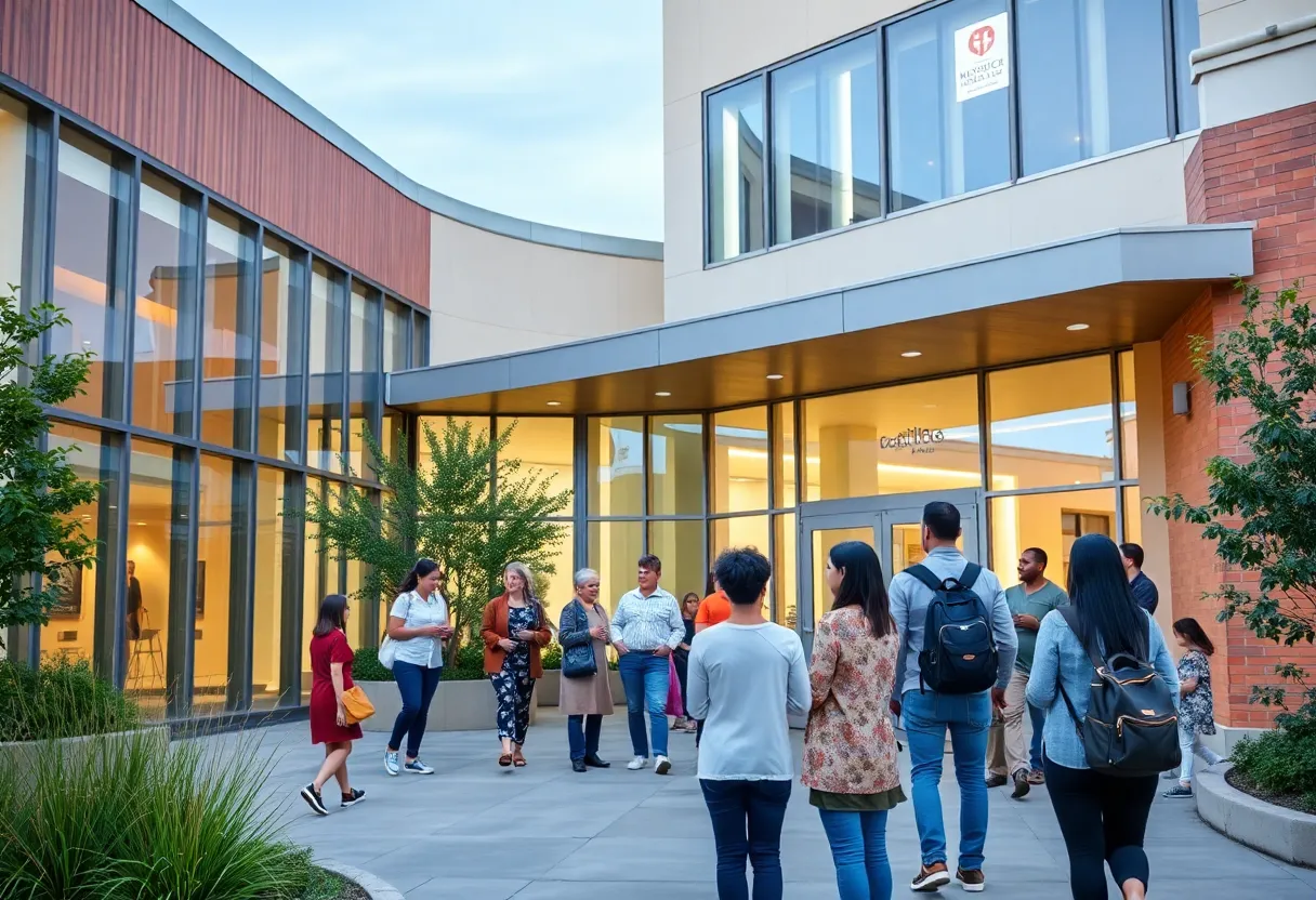 Exterior view of Vanderbilt University Medical Center with individuals in a community setting.
