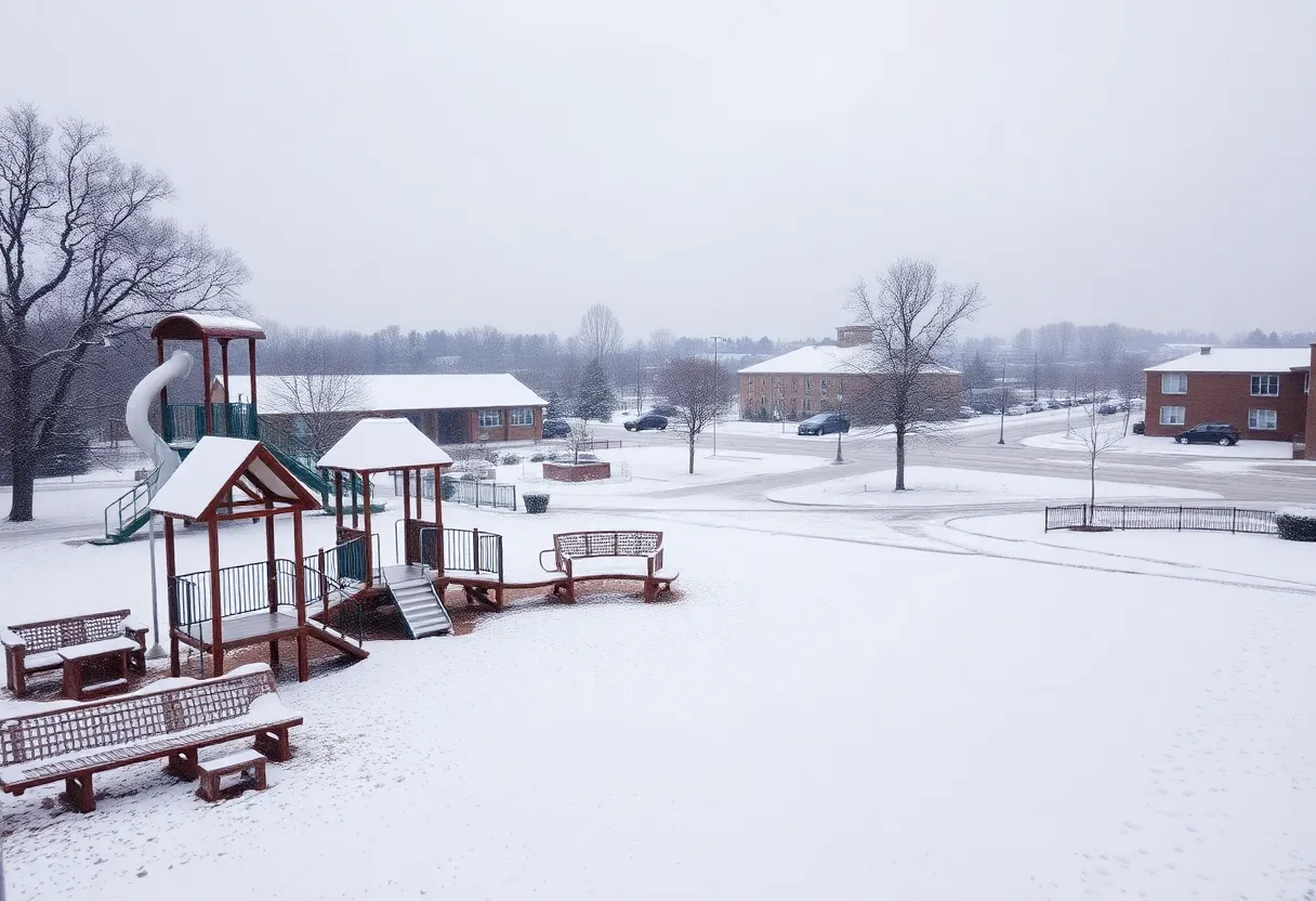 Snow-covered landscape in Middle Tennessee with abandoned playground.
