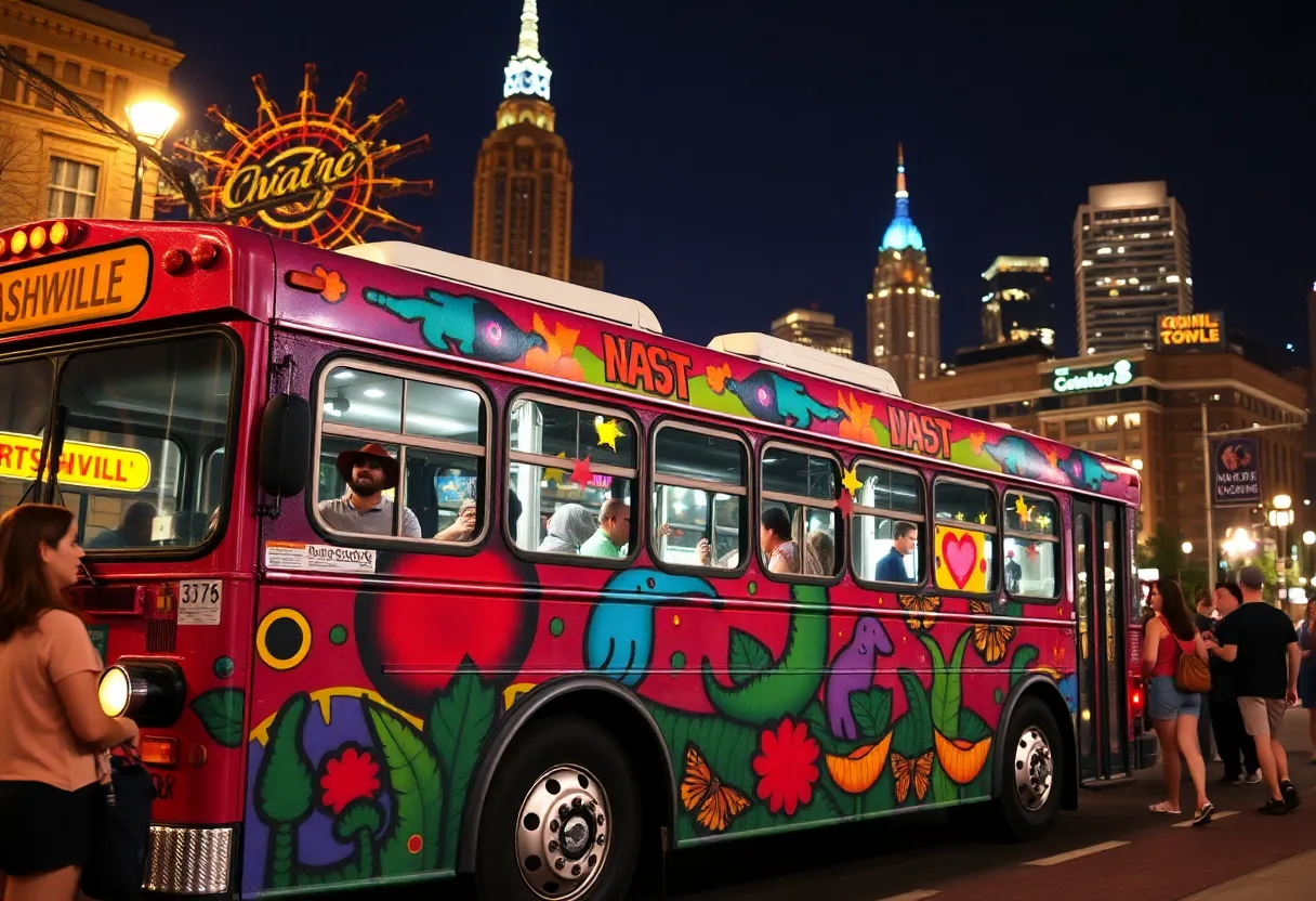 A decorative bus in Nashville during Chappell Roan's themed event