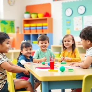 A classroom filled with children learning and playing.