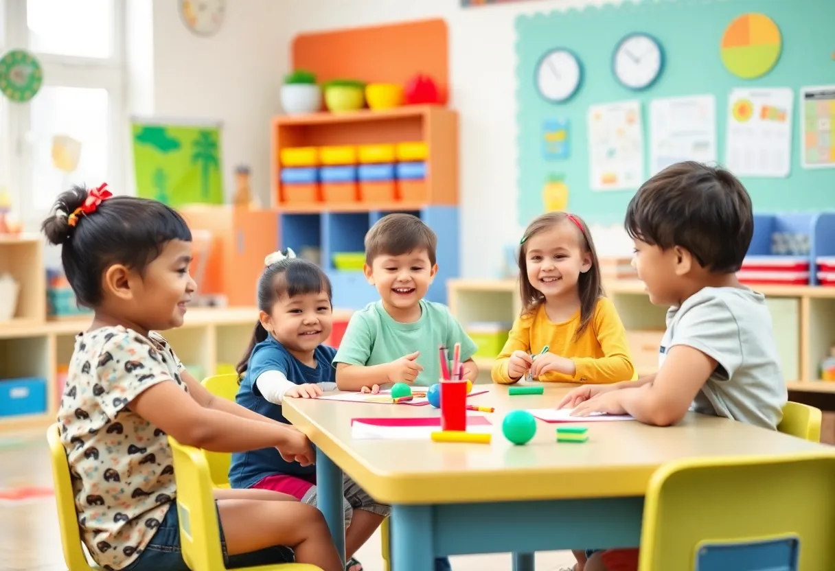 A classroom filled with children learning and playing.