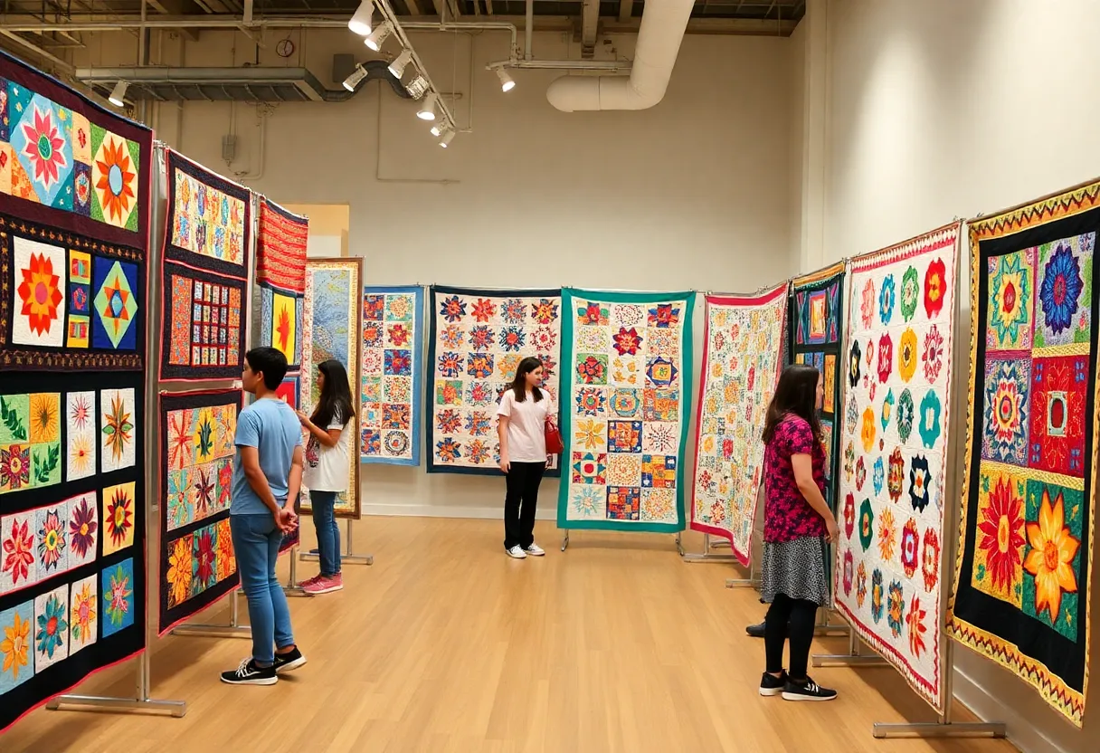Vibrant quilt squares displayed at the Nashville art exhibition.